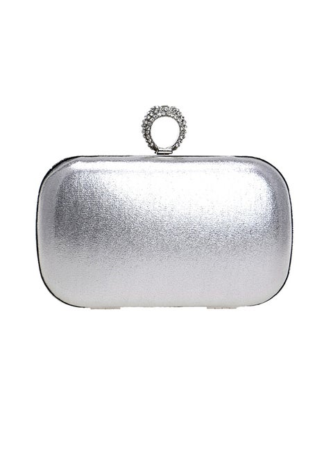 Rhinestone Delicate Ring Button Party Clutch Silver