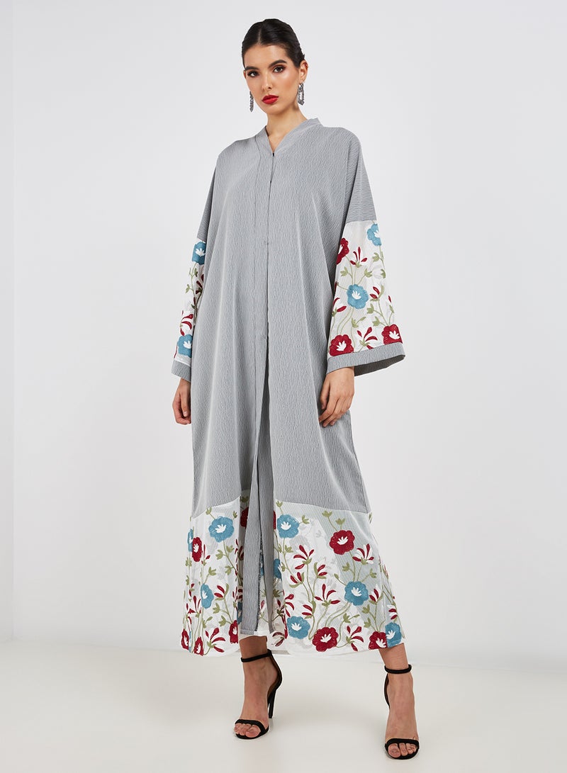 Bousni Mesh Embellished Abaya Grey/White - Image 1