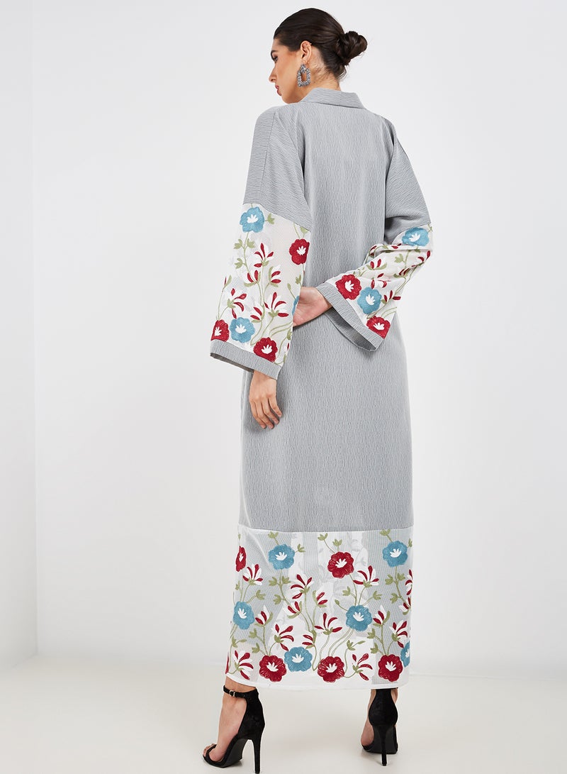 Bousni Mesh Embellished Abaya Grey/White - Image 2