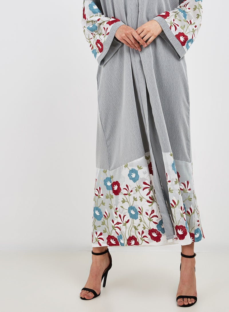 Bousni Mesh Embellished Abaya Grey/White - Image 3