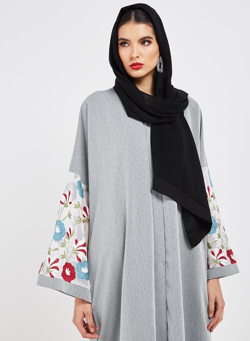 Bousni Mesh Embellished Abaya Grey/White - Image 4