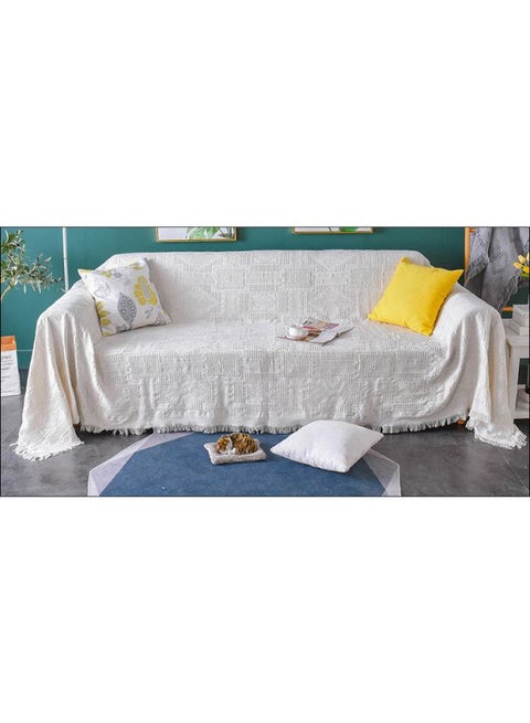 Solid Pattern Tassel Sofa Slipcover White 180 x 340cm