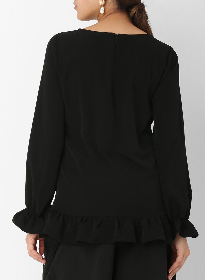 ELEGANZA Lace-Up Front Gather Detail Top Black - Image 2