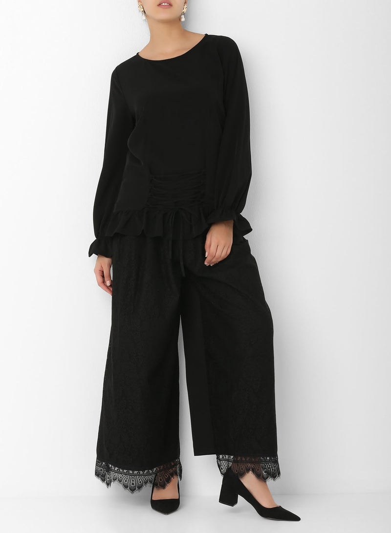 ELEGANZA Lace-Up Front Gather Detail Top Black - Image 3