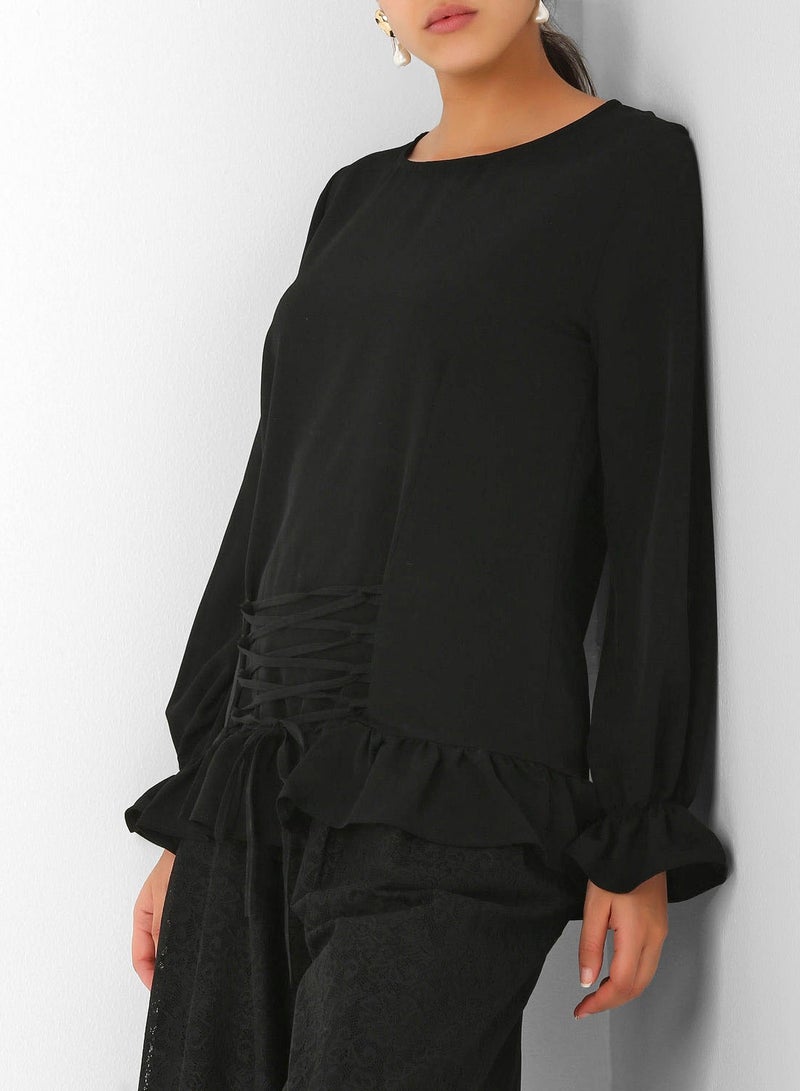ELEGANZA Lace-Up Front Gather Detail Top Black - Image 1