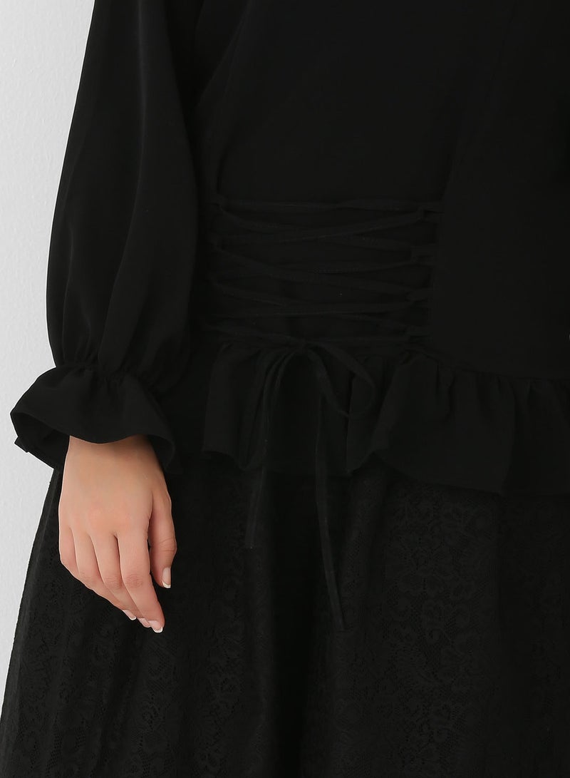 ELEGANZA Lace-Up Front Gather Detail Top Black - Image 4