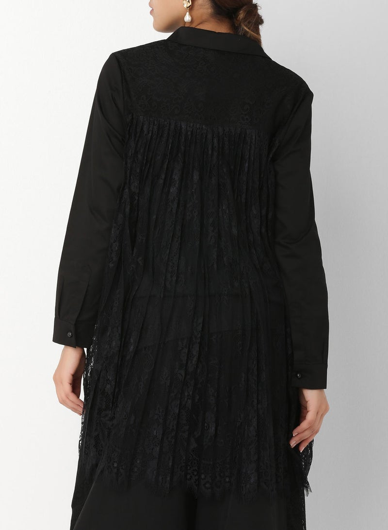 ELEGANZA Pleated Lace Back Shirt Black - Image 2