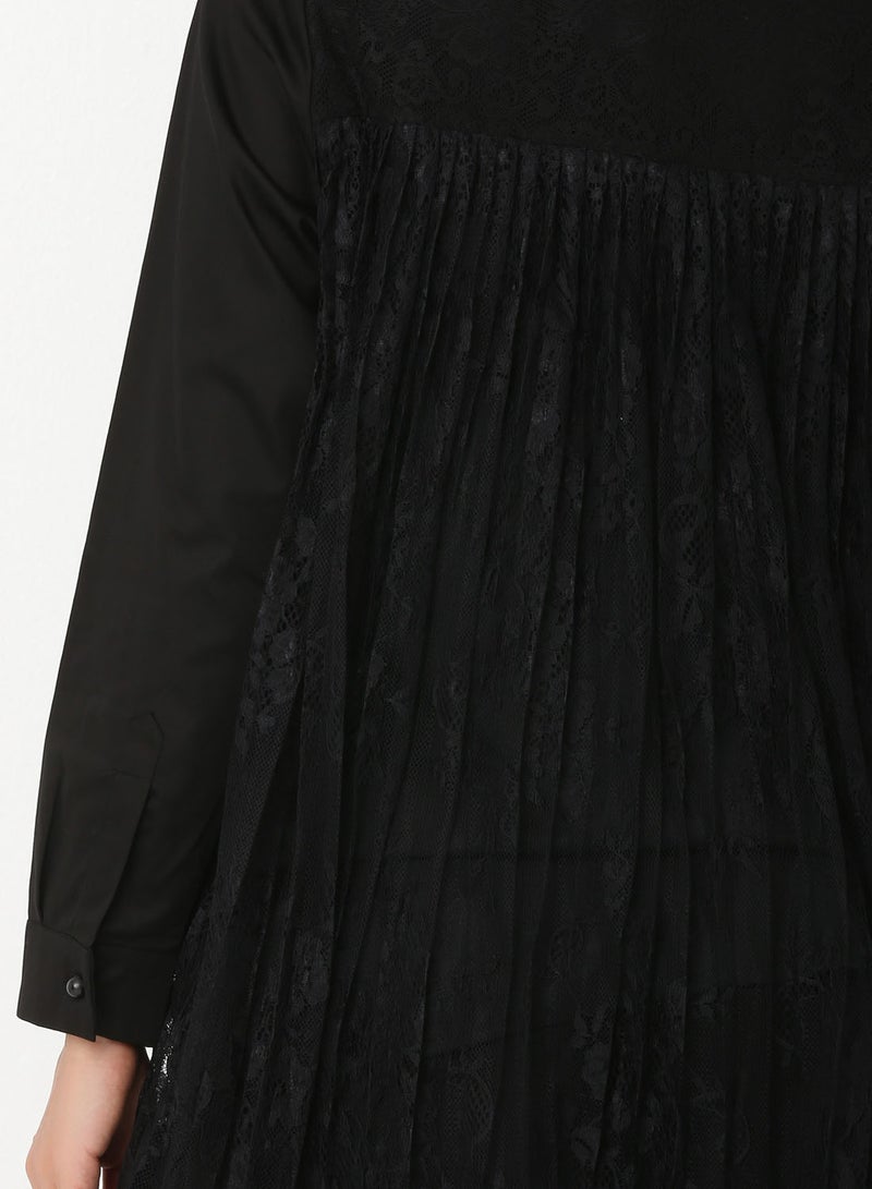 ELEGANZA Pleated Lace Back Shirt Black - Image 4