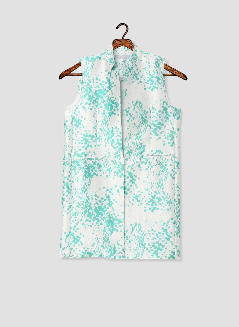 ELEGANZA Printed Sleeveless High Neck Vest Jacket Green Ofwht Mutli - Image 1