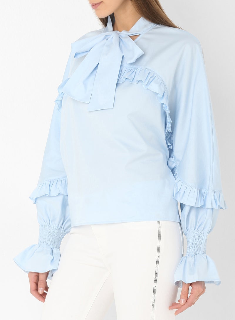 ELEGANZA Ruffle Detail Bell Sleeve Blouse Baby Blue - Image 1