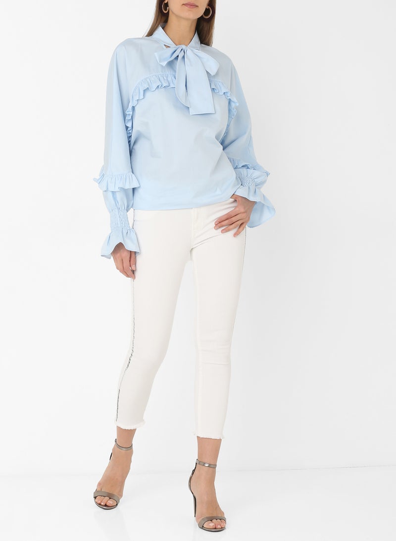ELEGANZA Ruffle Detail Bell Sleeve Blouse Baby Blue - Image 3