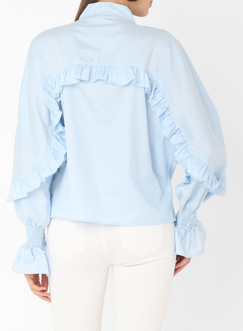 ELEGANZA Ruffle Detail Bell Sleeve Blouse Baby Blue - Image 2