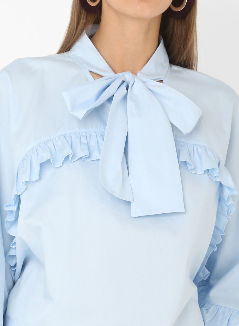ELEGANZA Ruffle Detail Bell Sleeve Blouse Baby Blue - Image 4