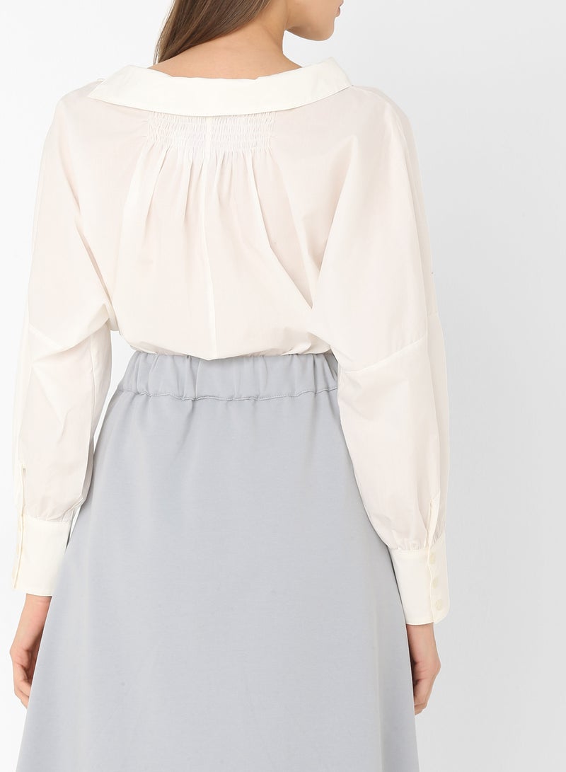 ELEGANZA - Smock Detail Long Sleeve Blouse Off White - Image 1