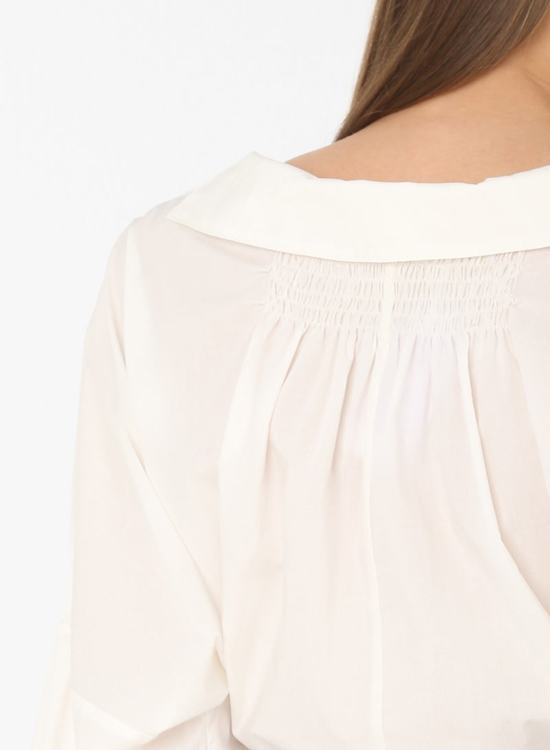 ELEGANZA - Smock Detail Long Sleeve Blouse Off White - Image 1