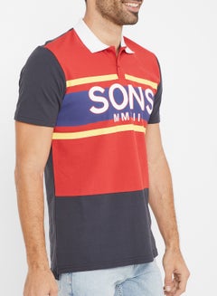 Color Block Short Sleeve Polo T-Shirt Pompeian Red