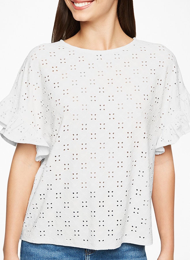 نيو لوك بلوزة شيفلي برقبة دائرية وأكمام مكشكشة أبيض - Image 1