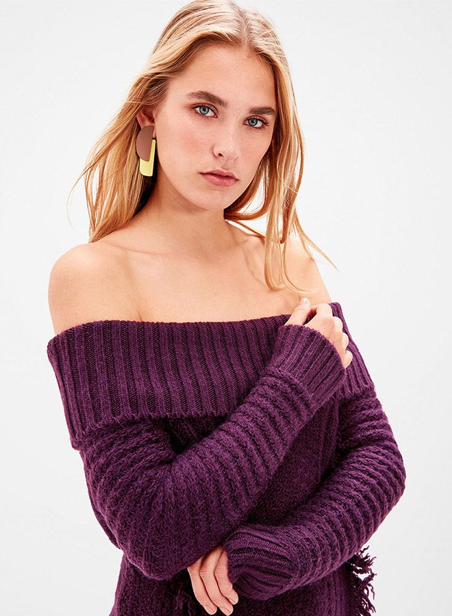 trendyol - Off-Shoulder Tassel Detail Sweater Purple - Image 1