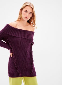 trendyol Off-Shoulder Tassel Detail Sweater Purple  - Image 3