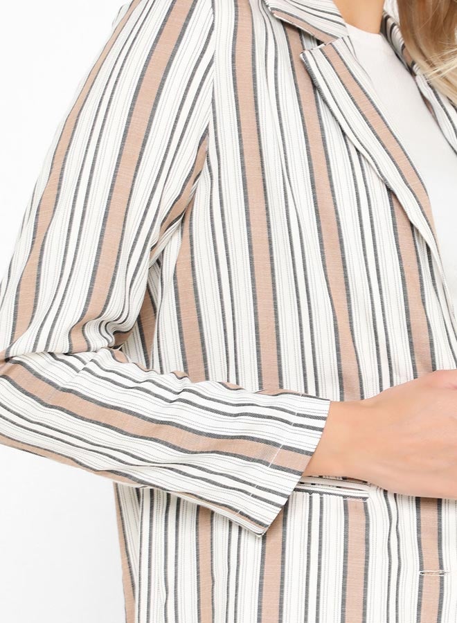 High Streets Striped Picture Applique Back Blazer White/Brown - Image 4