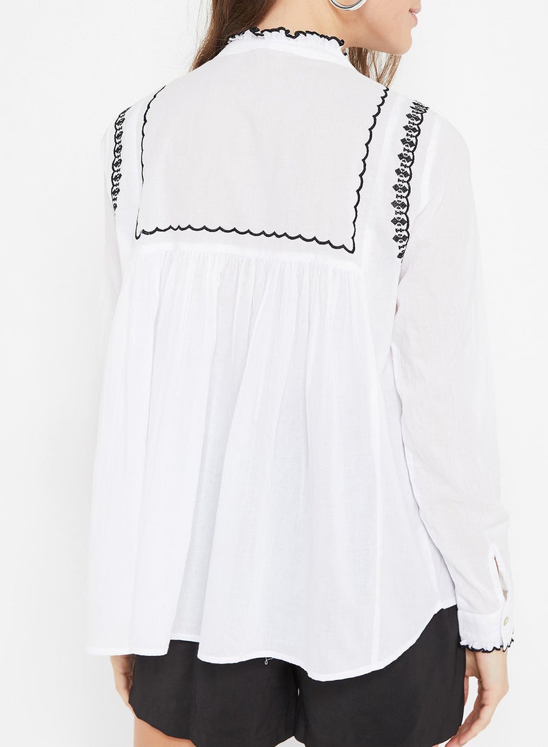 ONLY - Embroidered Long Sleeve Top White - Image 1
