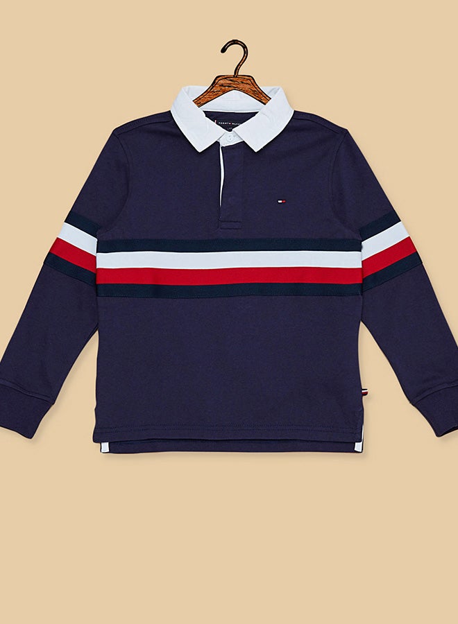 TOMMY HILFIGER - Global Stripe Rugby Polo T-Shirt Blue/White/Red - Image 1