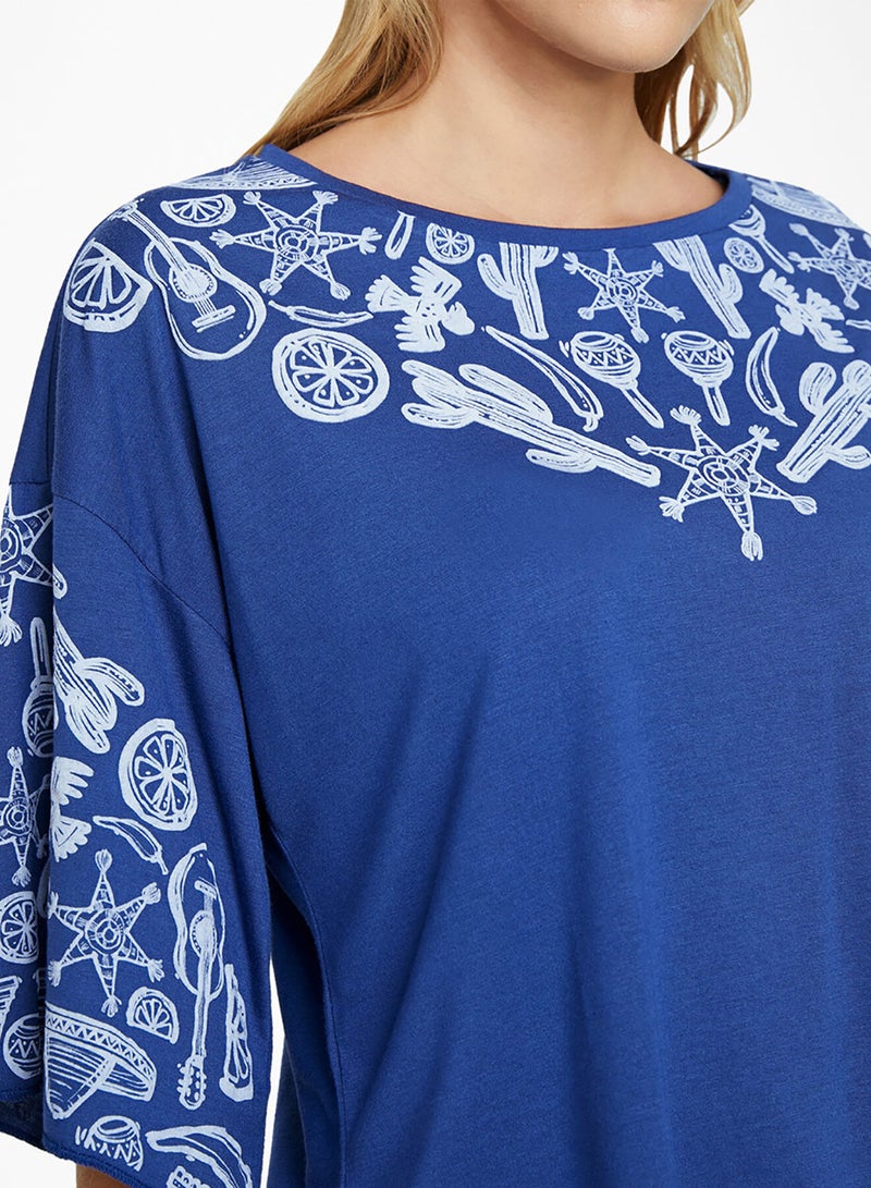 Flared Sleeve Printed Top Blue