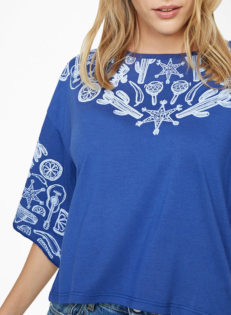 Flared Sleeve Printed Top Blue