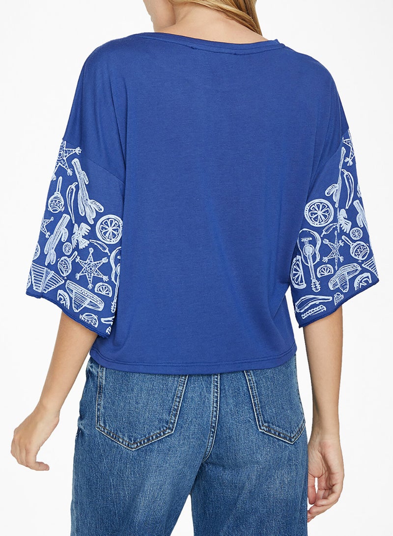 Flared Sleeve Printed Top Blue