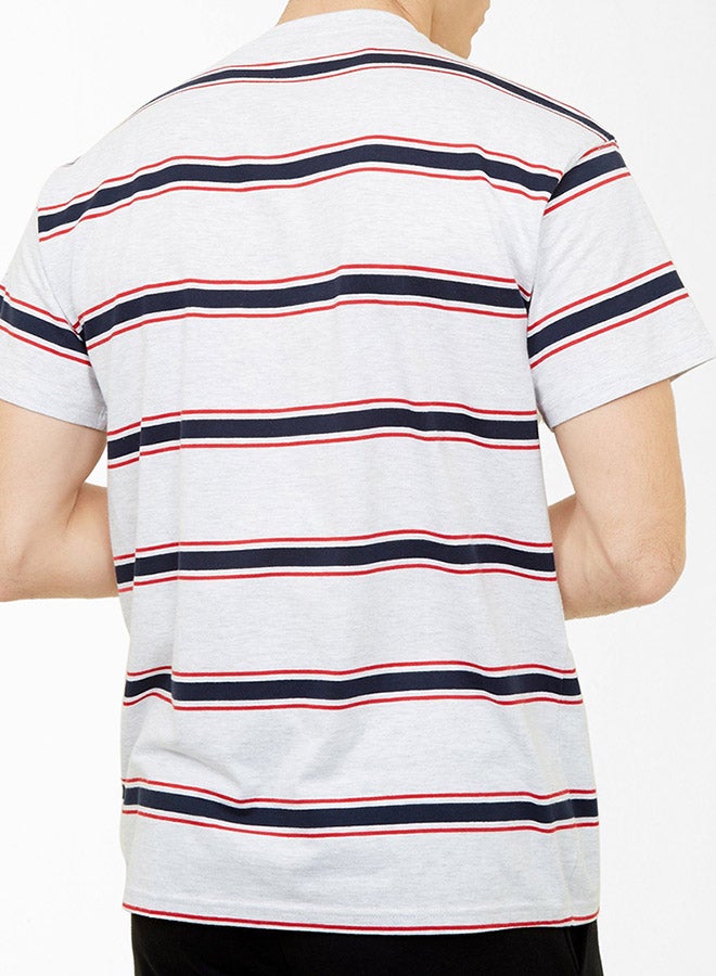 NEW LOOK - Short Sleeve Multi Text Embroidered Striped T-Shirt Warm Grey - Image 1