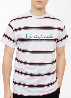 NEW LOOK Short Sleeve Multi Text Embroidered Striped T-Shirt Warm Grey  - Image 1