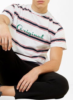 NEW LOOK Short Sleeve Multi Text Embroidered Striped T-Shirt Warm Grey  - Image 4