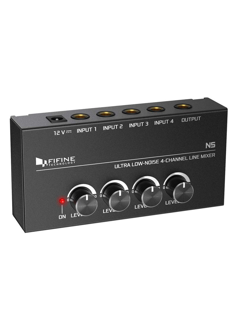 FIFINE - Ultra Low-Noise 4-Channel Line Mixer For Sub-Mixing,4 Stereo Channel Mini Audio With AC Adapter N5 Black/White - Image 1