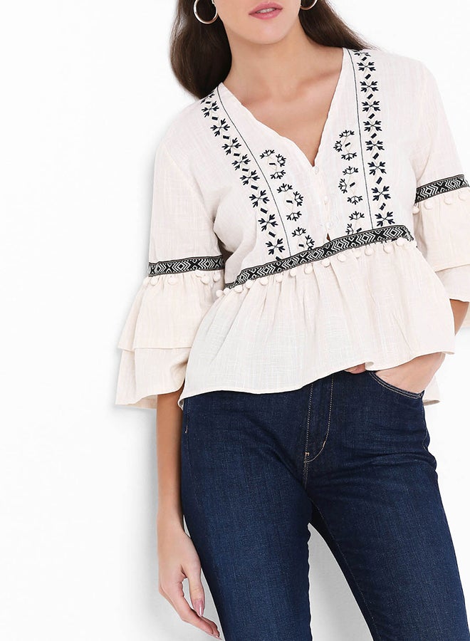 High Streets Cream Embroidered Pom-Pom Detail Top White  - Image 1
