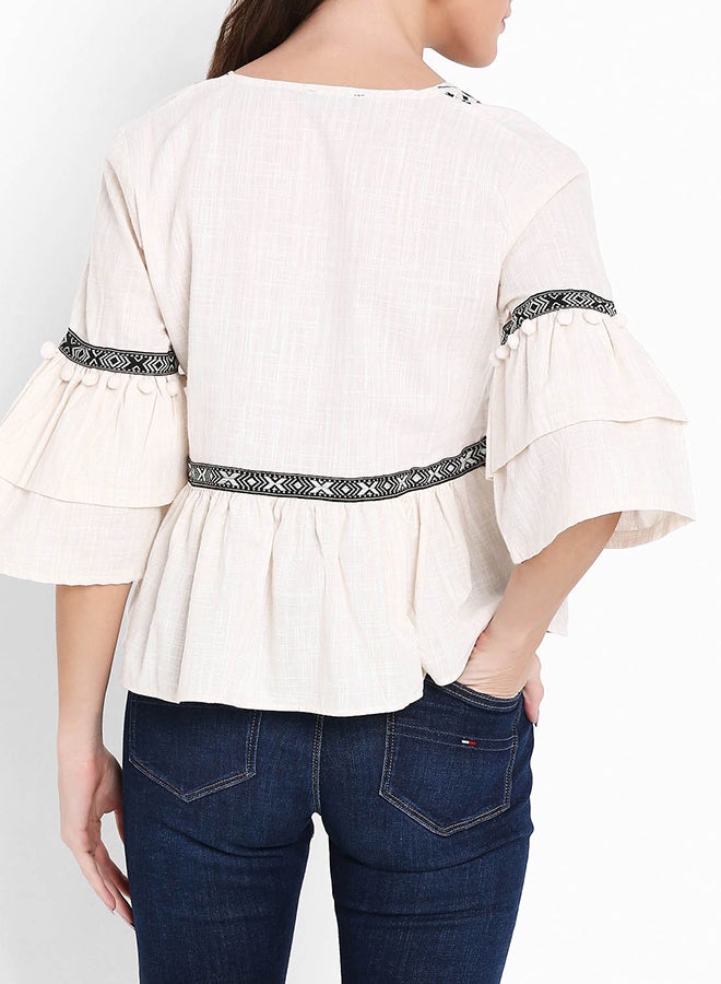 High Streets Cream Embroidered Pom-Pom Detail Top White  - Image 2