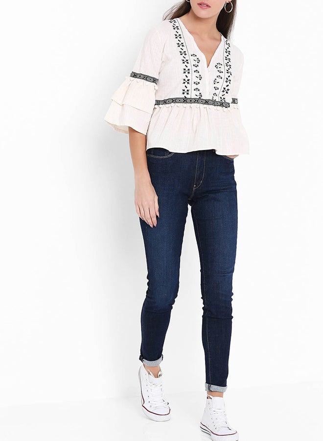 High Streets Cream Embroidered Pom-Pom Detail Top White  - Image 3