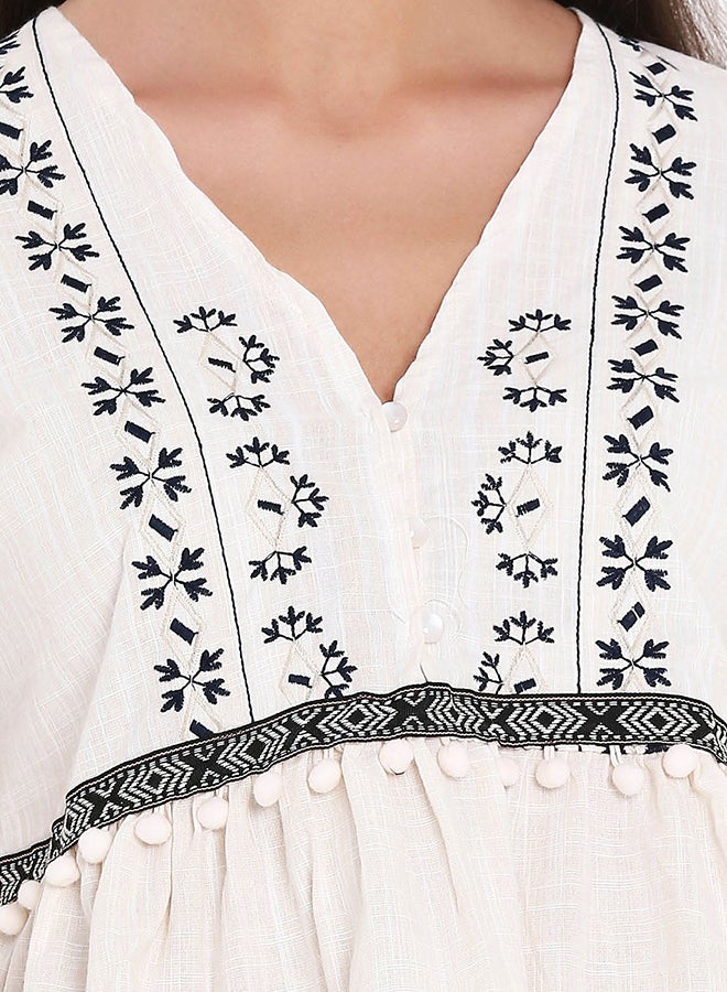 High Streets Cream Embroidered Pom-Pom Detail Top White  - Image 4