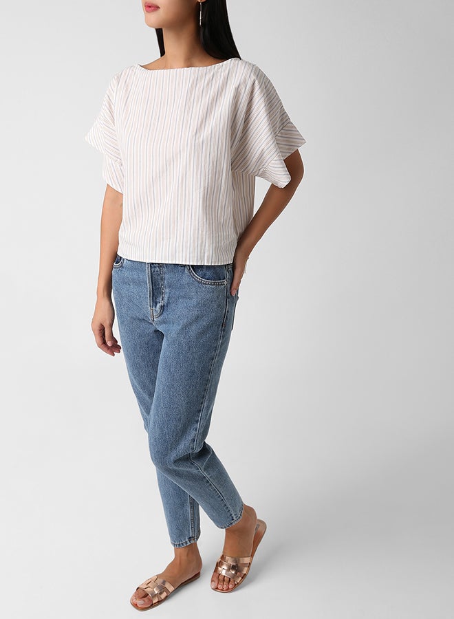 High Streets Striped Extended Shoulder Blouse White  - Image 4