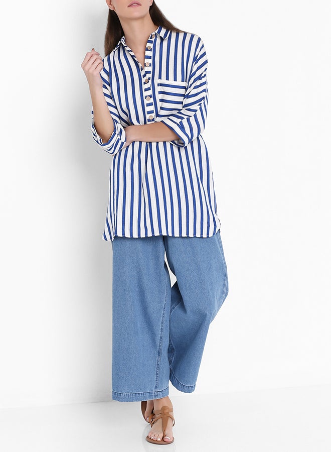 High Streets Collared Neck Striped Oversized Top Blue Striped  - Image 3