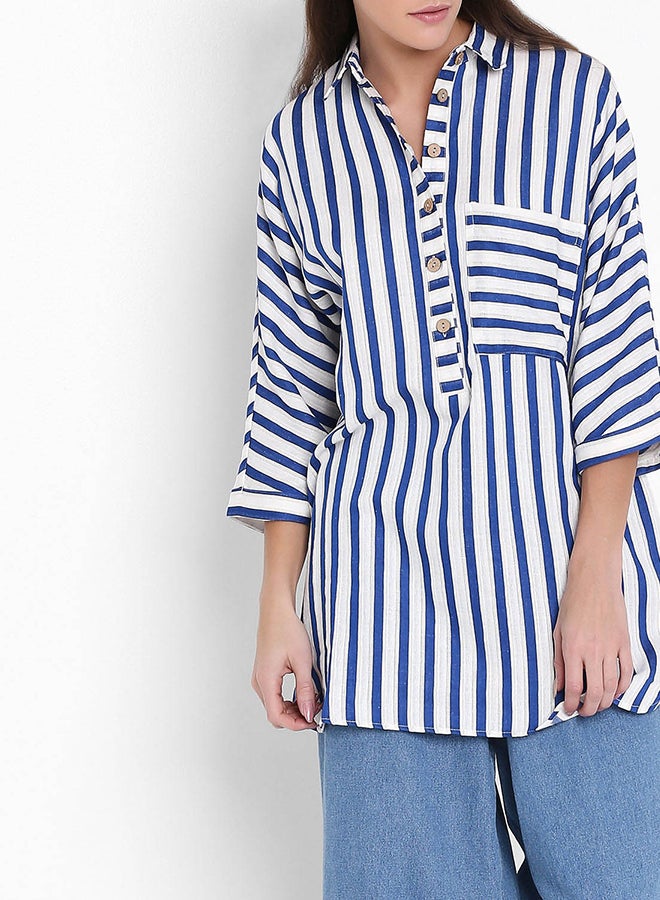 High Streets Collared Neck Striped Oversized Top Blue Striped  - Image 1