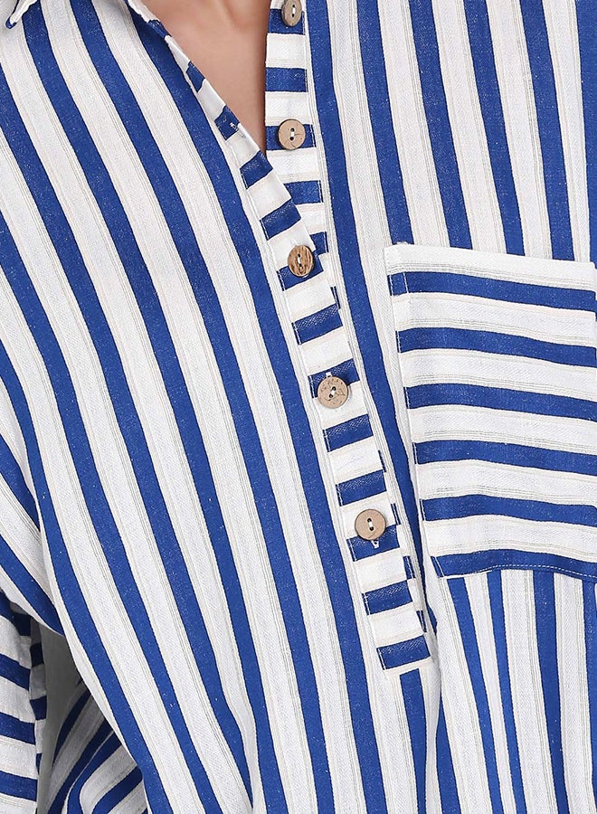High Streets Collared Neck Striped Oversized Top Blue Striped  - Image 4