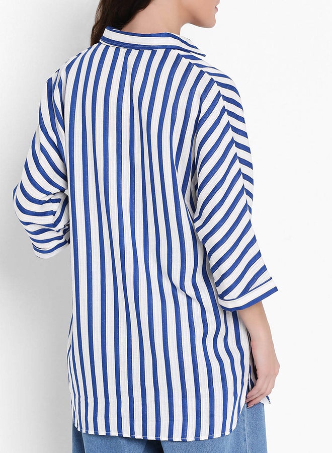High Streets Collared Neck Striped Oversized Top Blue Striped  - Image 2