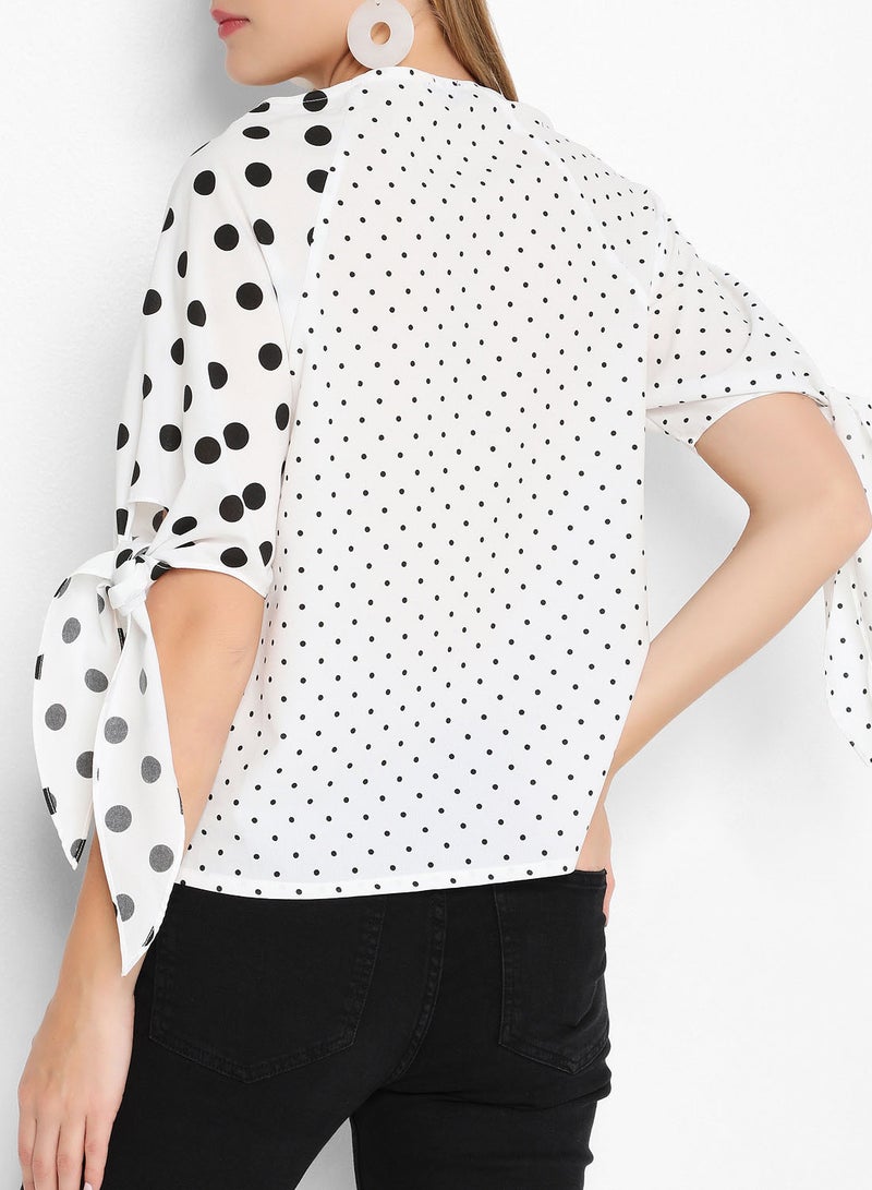 High Streets V-Neck Polka Dot Button Down Top White  - Image 2