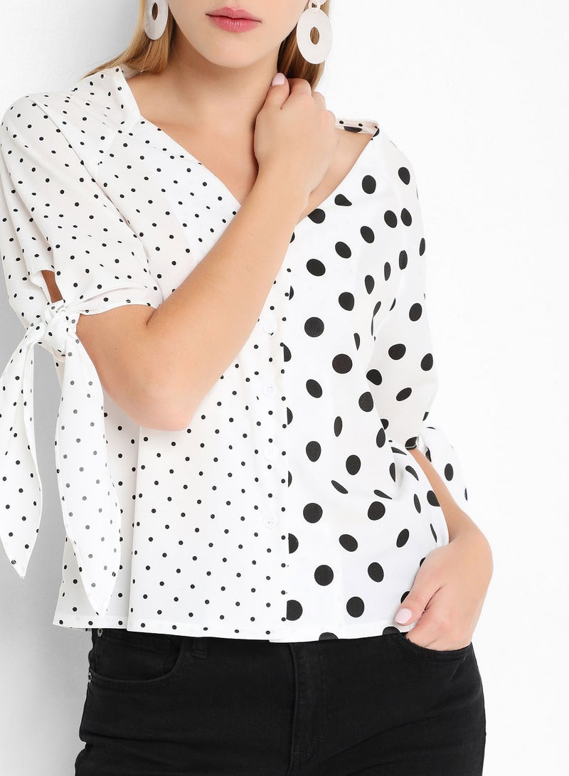 High Streets V-Neck Polka Dot Button Down Top White  - Image 1