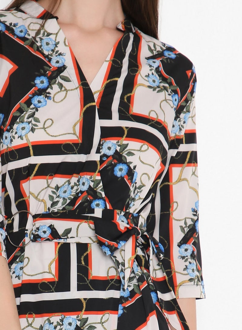 Stock - Belted Wrap Detail Short Sleeve Dress Multicolour - Image 1