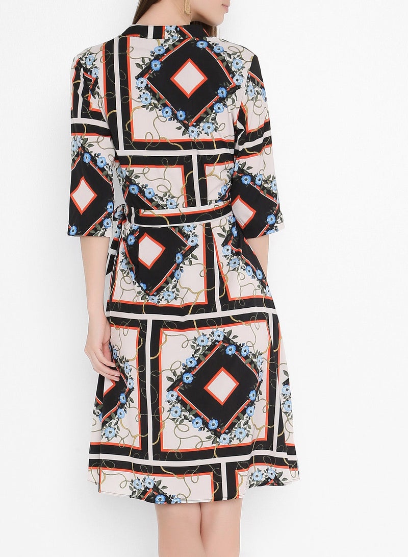 Stock - Belted Wrap Detail Short Sleeve Dress Multicolour - Image 1