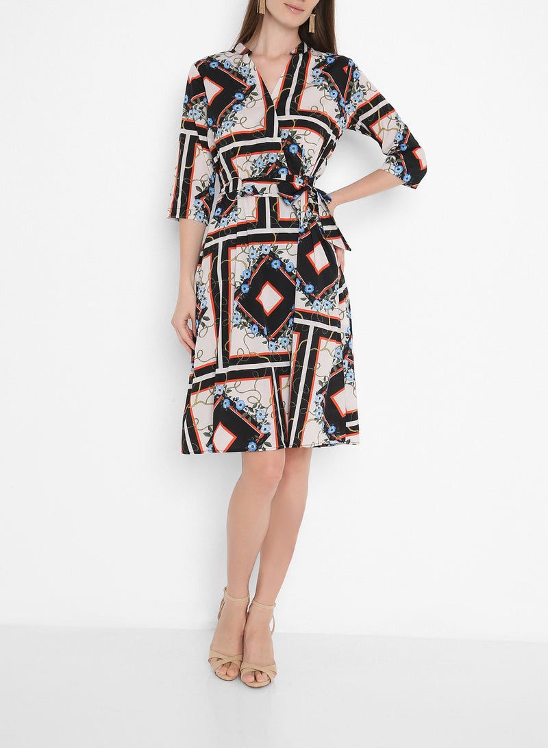 Stock - Belted Wrap Detail Short Sleeve Dress Multicolour - Image 1