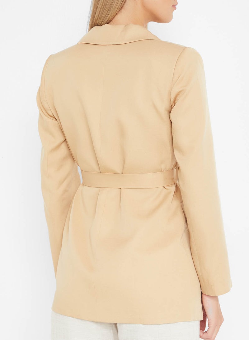 Stock - Button Detail Belted Blazer Beige - Image 1