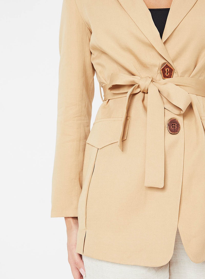 Stock - Button Detail Belted Blazer Beige - Image 1