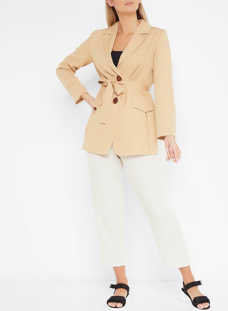 Stock - Button Detail Belted Blazer Beige - Image 1